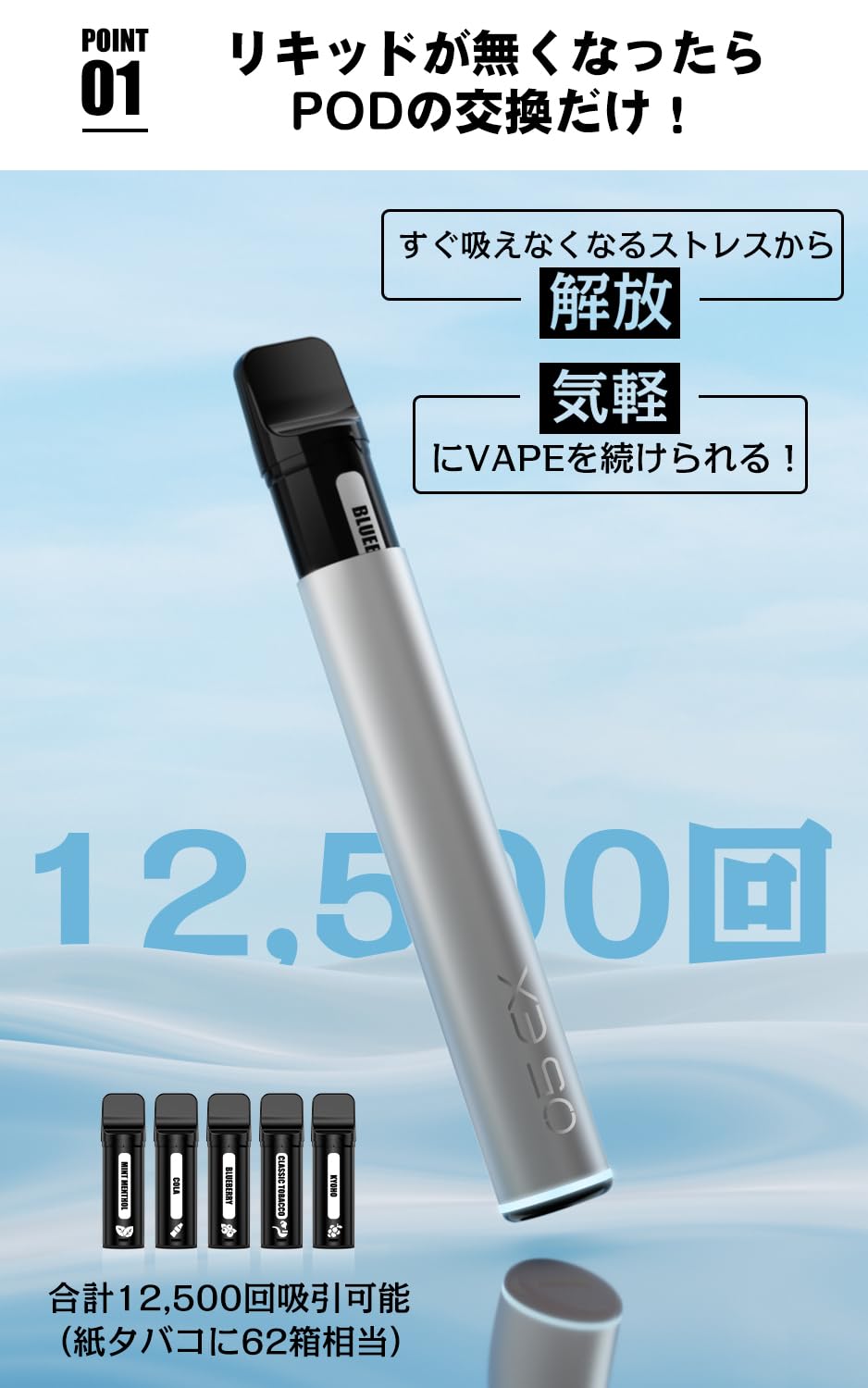 KINOE O5EX Type-C Rechargeable Electronic Cigarette, 12,500 Puffs, Large Capacity Vape Pod, 5 Flavors
