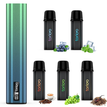 TORIDO IM4-Type Refillable Pod E-Cigarette Starter Kit, 25,000 Puffs, 5 Flavor Pods Included, IM4 Type (Blue-Green)